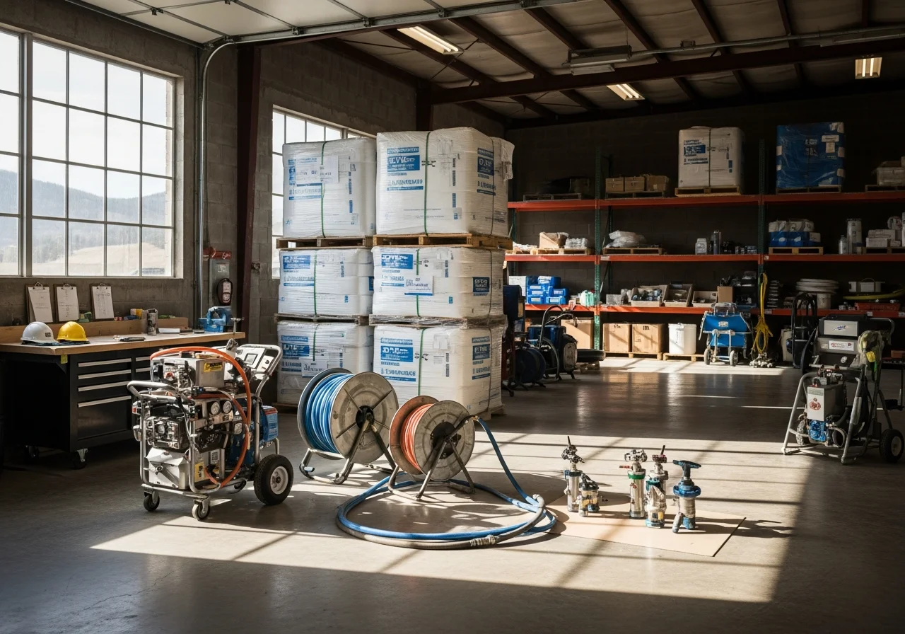Spray foam equipment and insulation materials staged in a contractor shop setting, ready for job deployment.