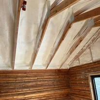 Spray foam insulation installed between wood ceiling beams in cathedral ceiling