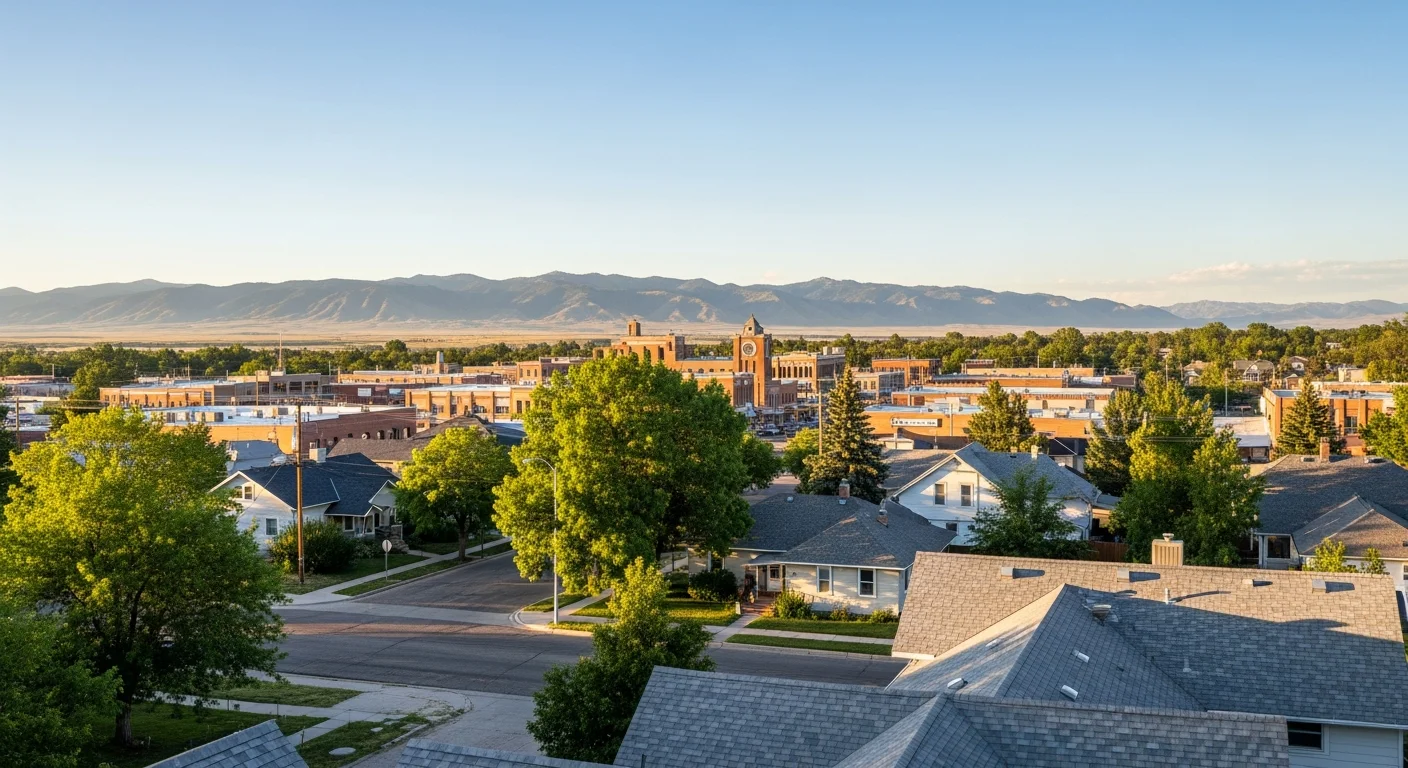 Wide view of Casper's downtown skyline with mountains in the distance and residential neighborhoods in the foreground.