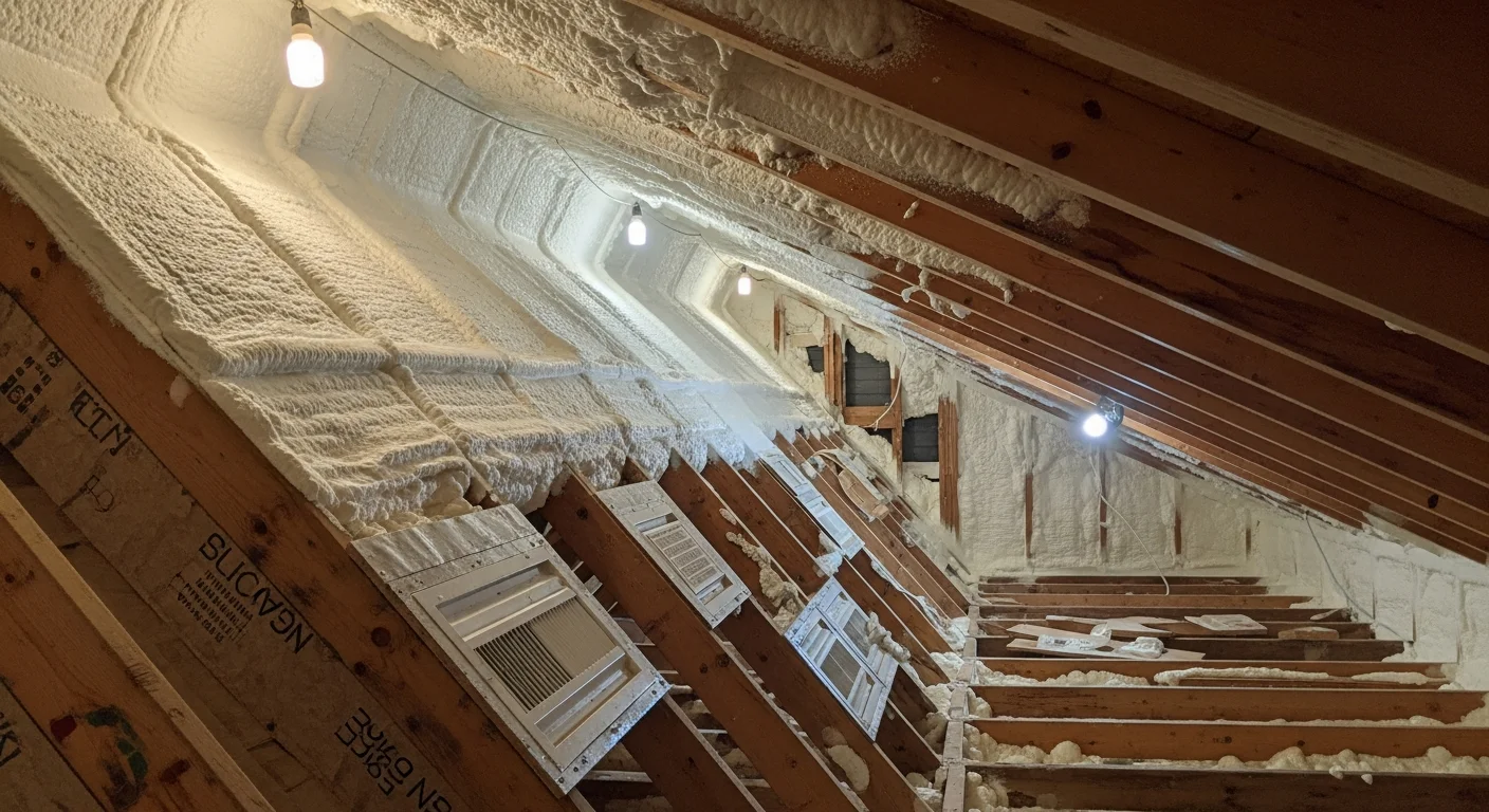 A Casper, Wyoming attic space showing freshly applied insulation covering the floor joists and rafters. The insulation forms a continuous layer across the attic, with visible roof decking above and a small access hatch in the foreground.