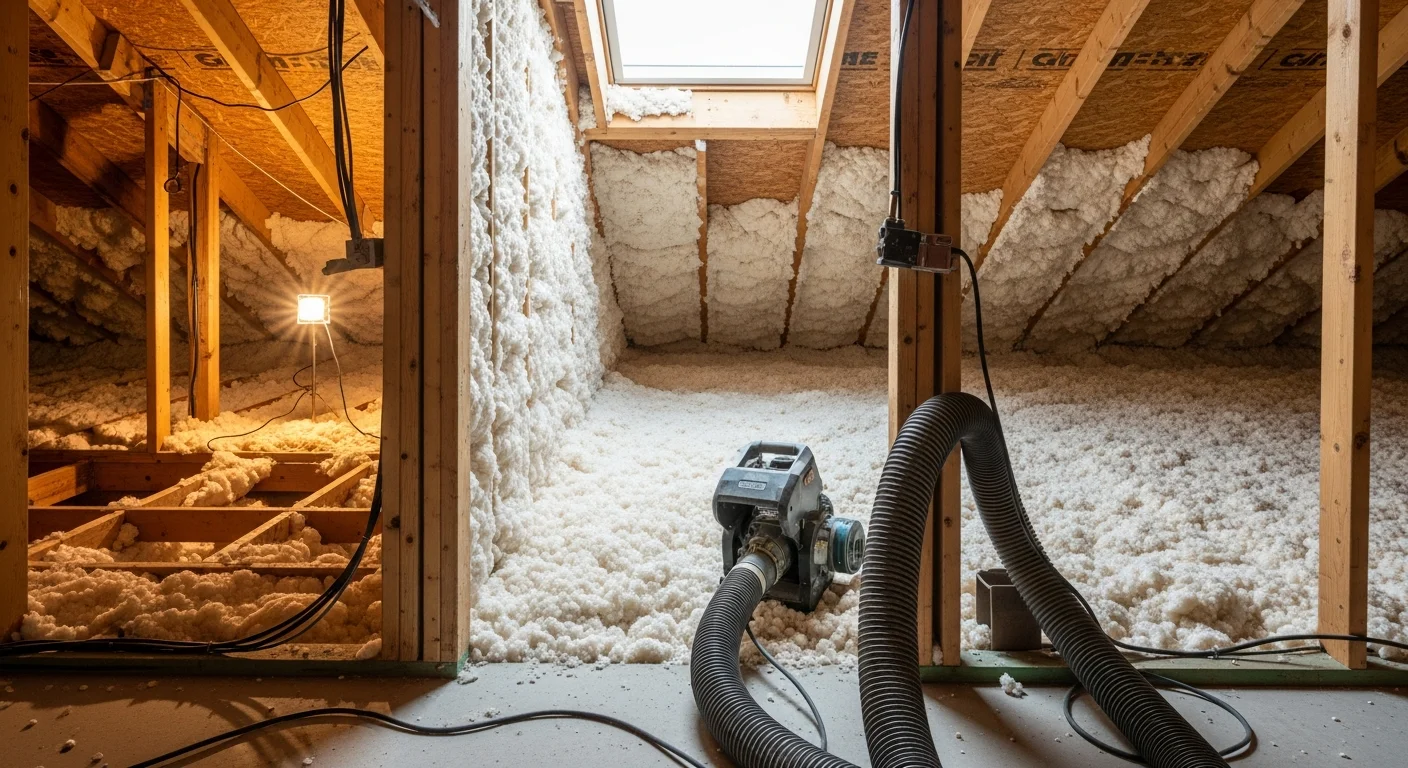 A Casper, Wyoming attic floor covered with a uniform layer of freshly installed loose-fill blown-in insulation, filling the joist bays from wall to wall. The insulation depth reflects cold-climate R-value requirements suited to Wyoming's high-desert winters.