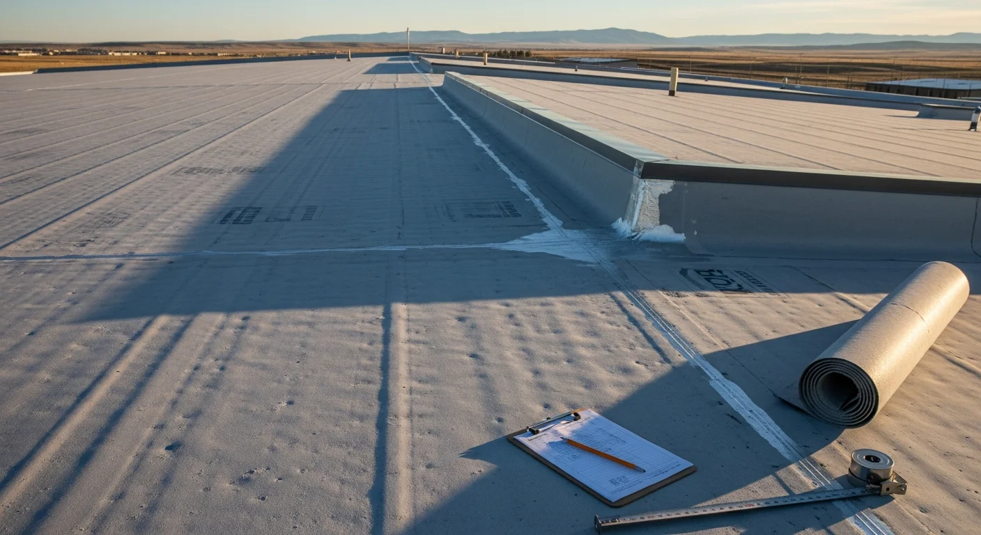 A flat commercial roof on a Casper, Wyoming business property showing a freshly installed roofing membrane with sealed seams and clear drainage points. The Casper skyline and high plains terrain are visible in the background.