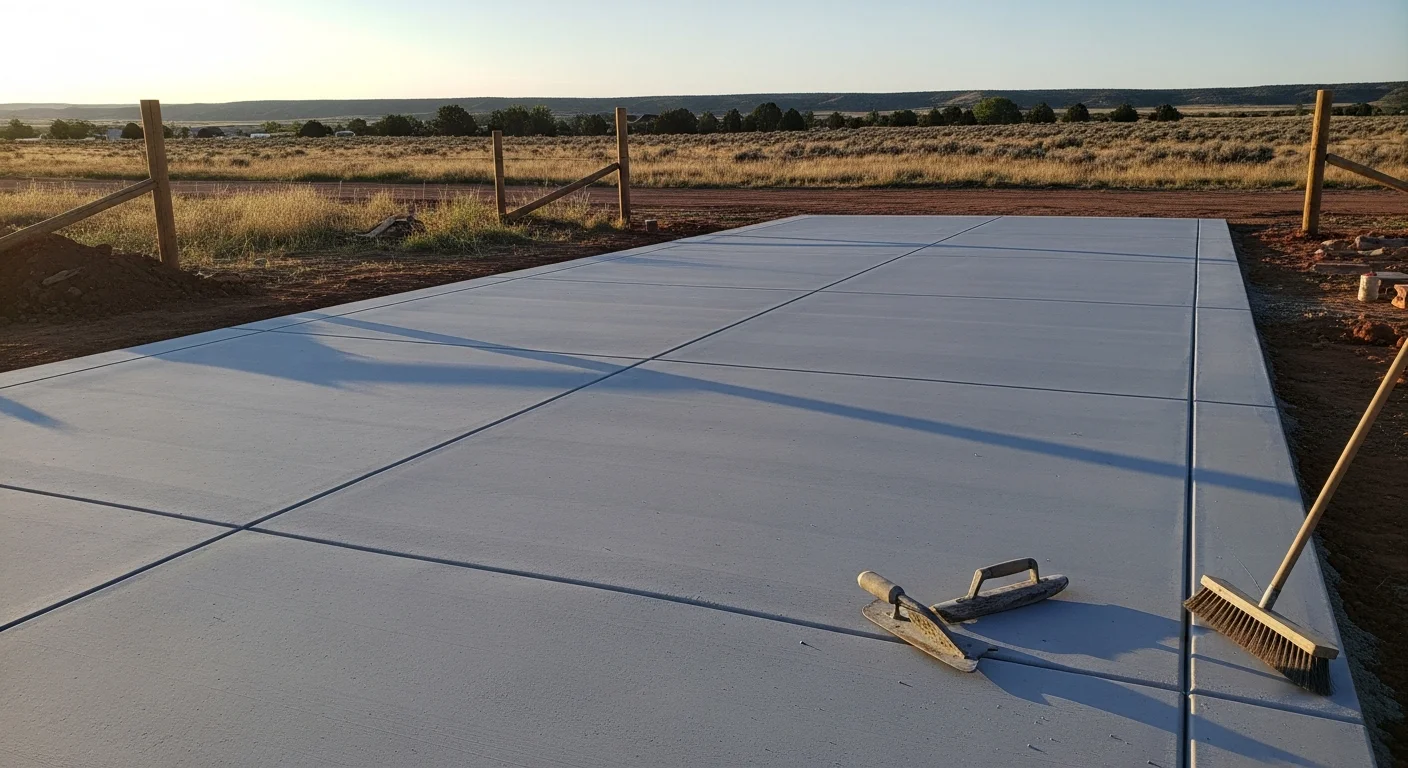 A freshly finished concrete driveway at a residential property in Casper, Wyoming, showing a smooth broom-textured surface with clean edges and visible control joints. The surrounding landscape reflects central Wyoming's high-desert terrain under a wide open sky.