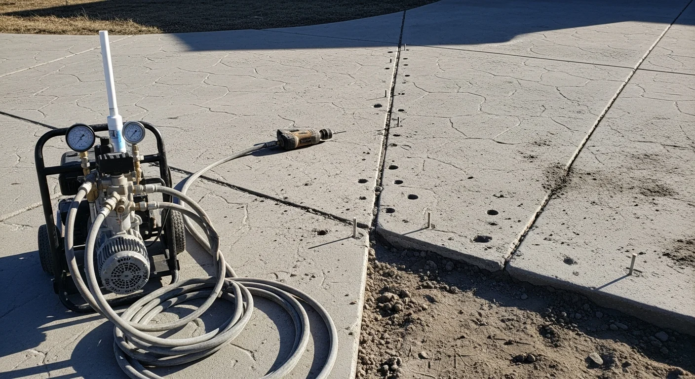 A previously sunken concrete driveway slab in Casper, Wyoming, raised and leveled flush with the surrounding surface after polyurethane foam injection. Small patched injection holes are visible on the slab surface near the repaired joint.