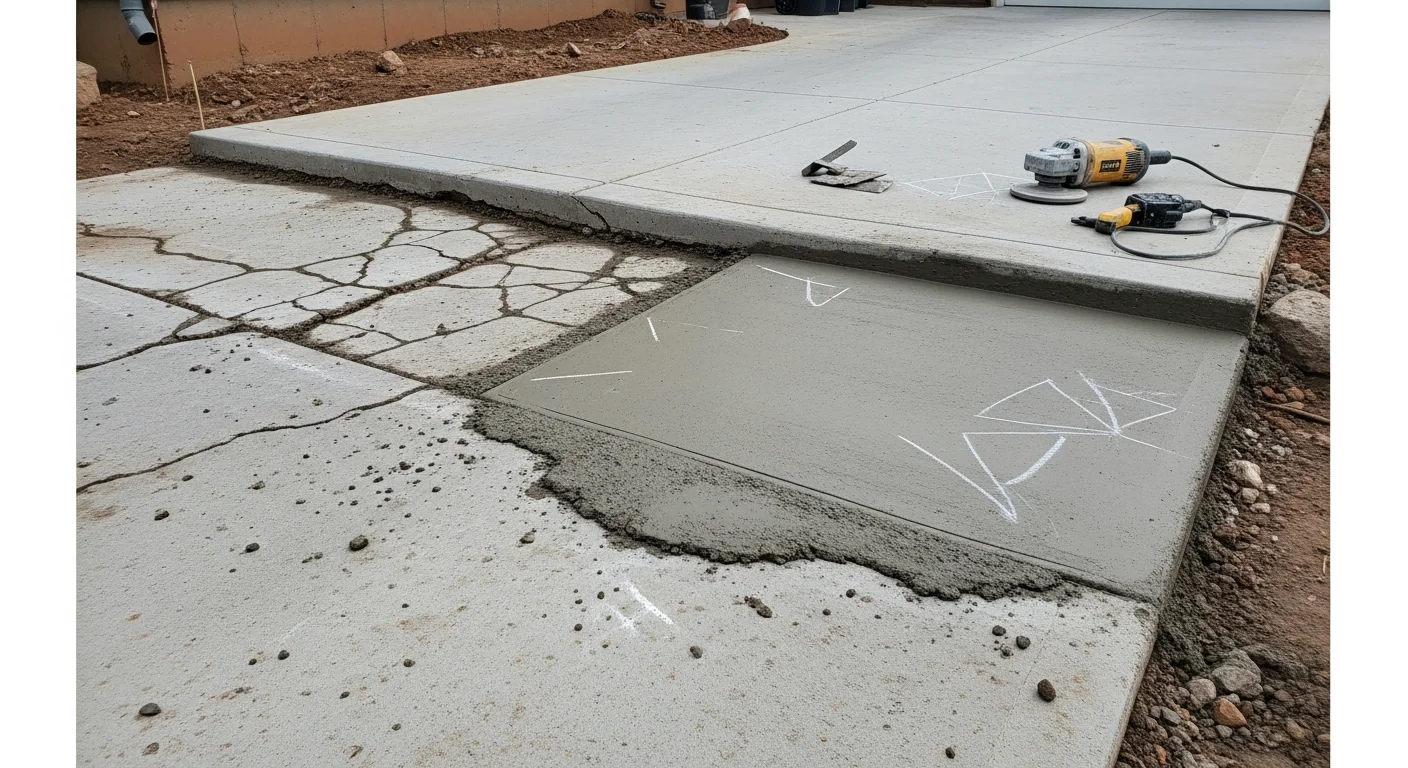 A repaired concrete driveway in Casper, Wyoming showing a smooth, level surface with filled cracks and no visible spalling. The surrounding landscape reflects a high-plains residential property typical of central Wyoming.