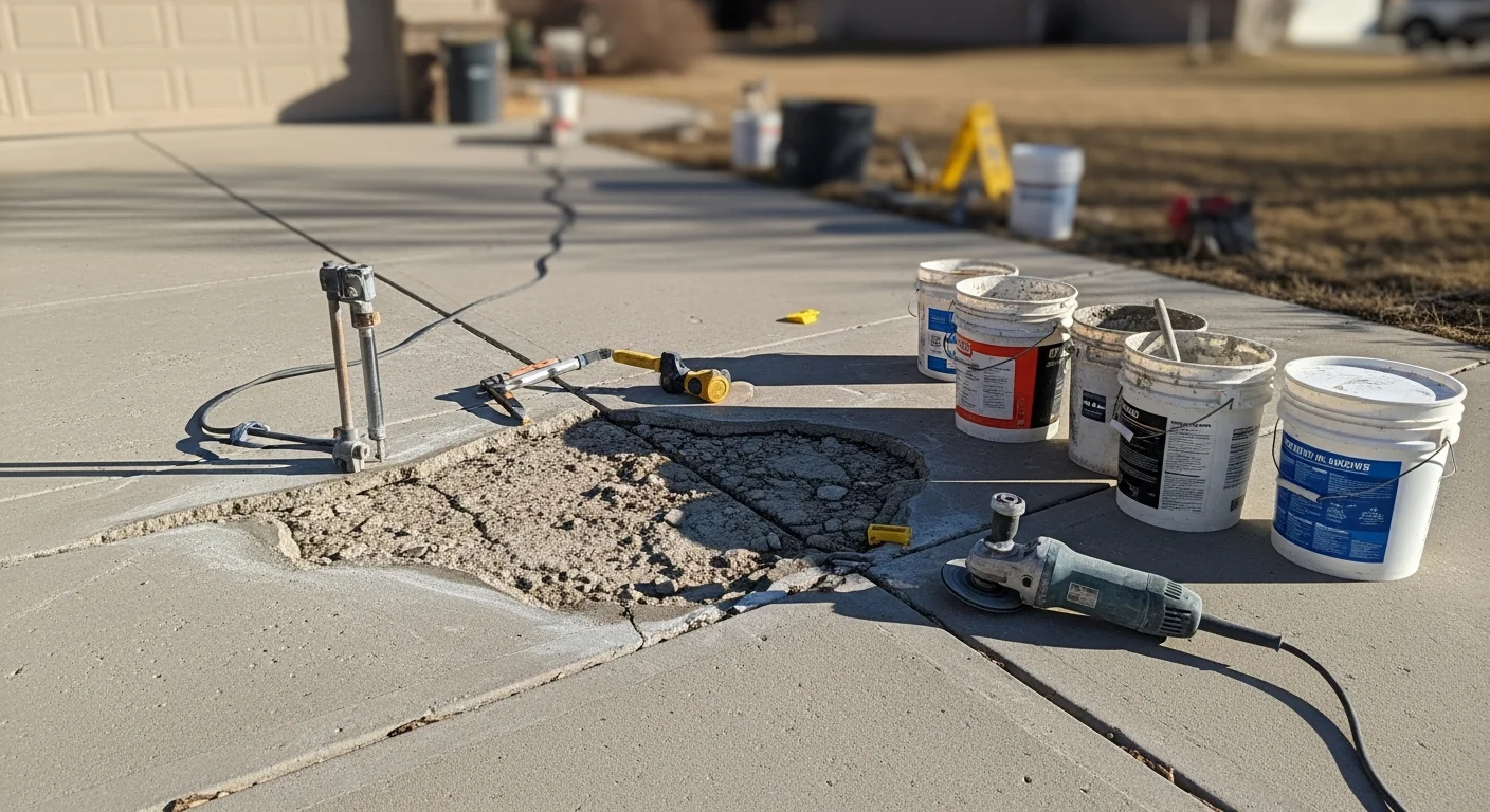A repaired concrete driveway in a Casper, Wyoming residential neighborhood, showing a smooth, level surface with filled cracks and no visible spalling. The surrounding landscape reflects central Wyoming's high plains setting.
