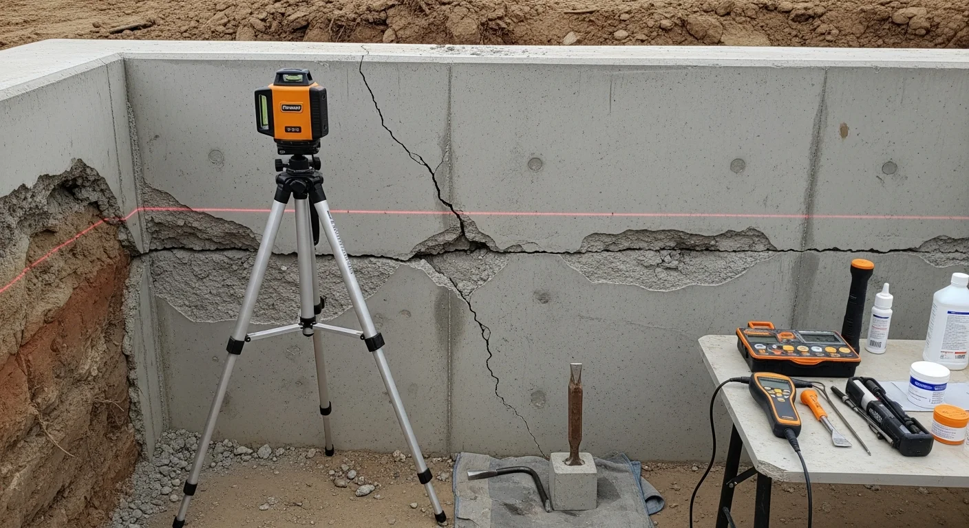 A repaired concrete foundation wall in a Casper, Wyoming home showing stabilized masonry and filled cracks after professional foundation repair work. The crawl space area beneath the home is visible, with soil and concrete footing exposed during the repair process.
