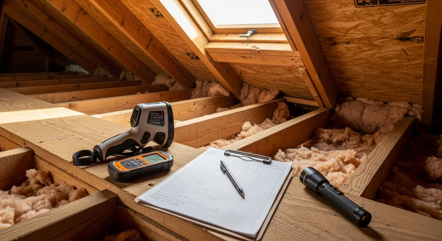 A 307 Foam All LLC technician inspecting attic insulation inside a Casper, Wyoming home, checking coverage depth and condition near the eave line. The attic shows existing insulation batts with visible gaps and compressed sections common in older Casper ranch-style homes.