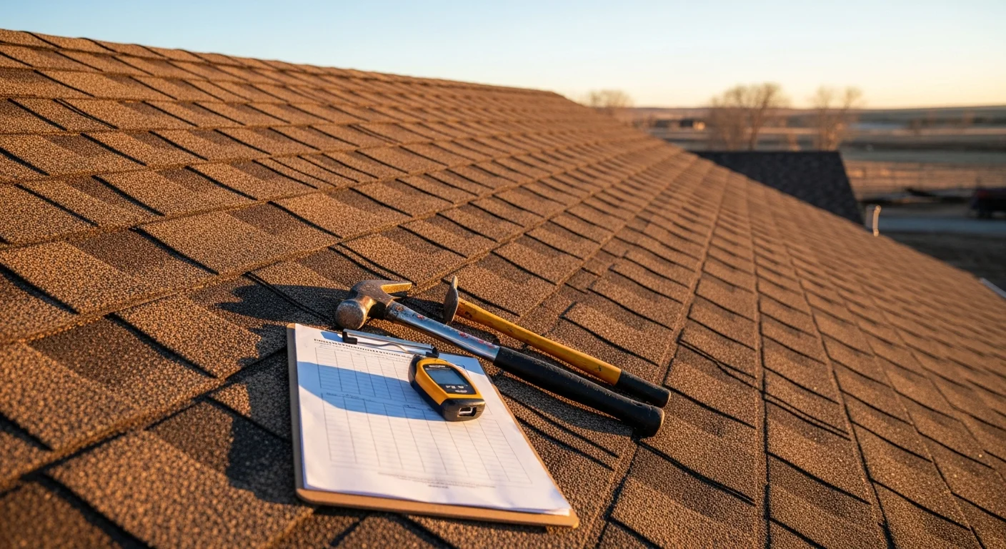 A residential roof on a single-family home in Casper, Wyoming showing completed shingle installation with clean ridge lines and properly sealed flashing. The surrounding landscape reflects the high-plains setting of Natrona County.