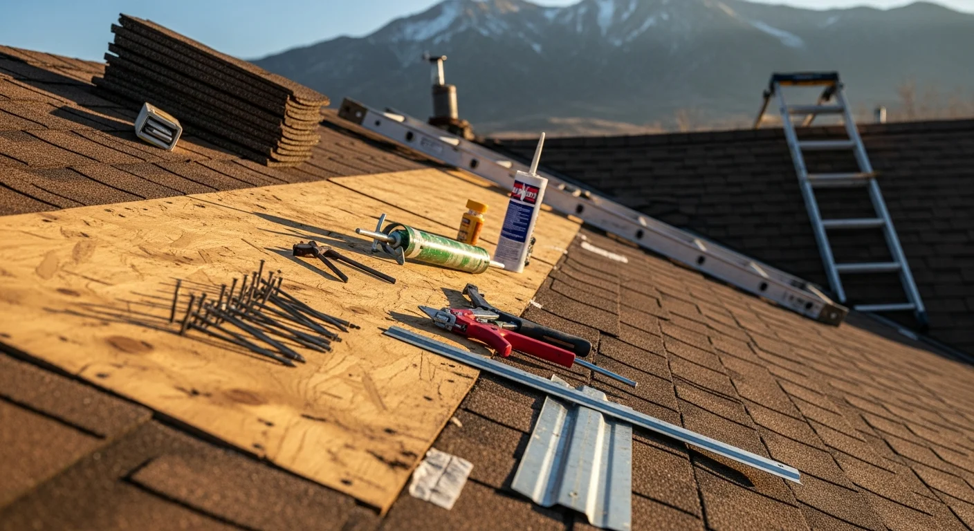 A Casper, Wyoming residential roof showing repaired shingles and sealed flashing after wind and hail damage. Close-up view of the completed repair area against a clear Wyoming sky.