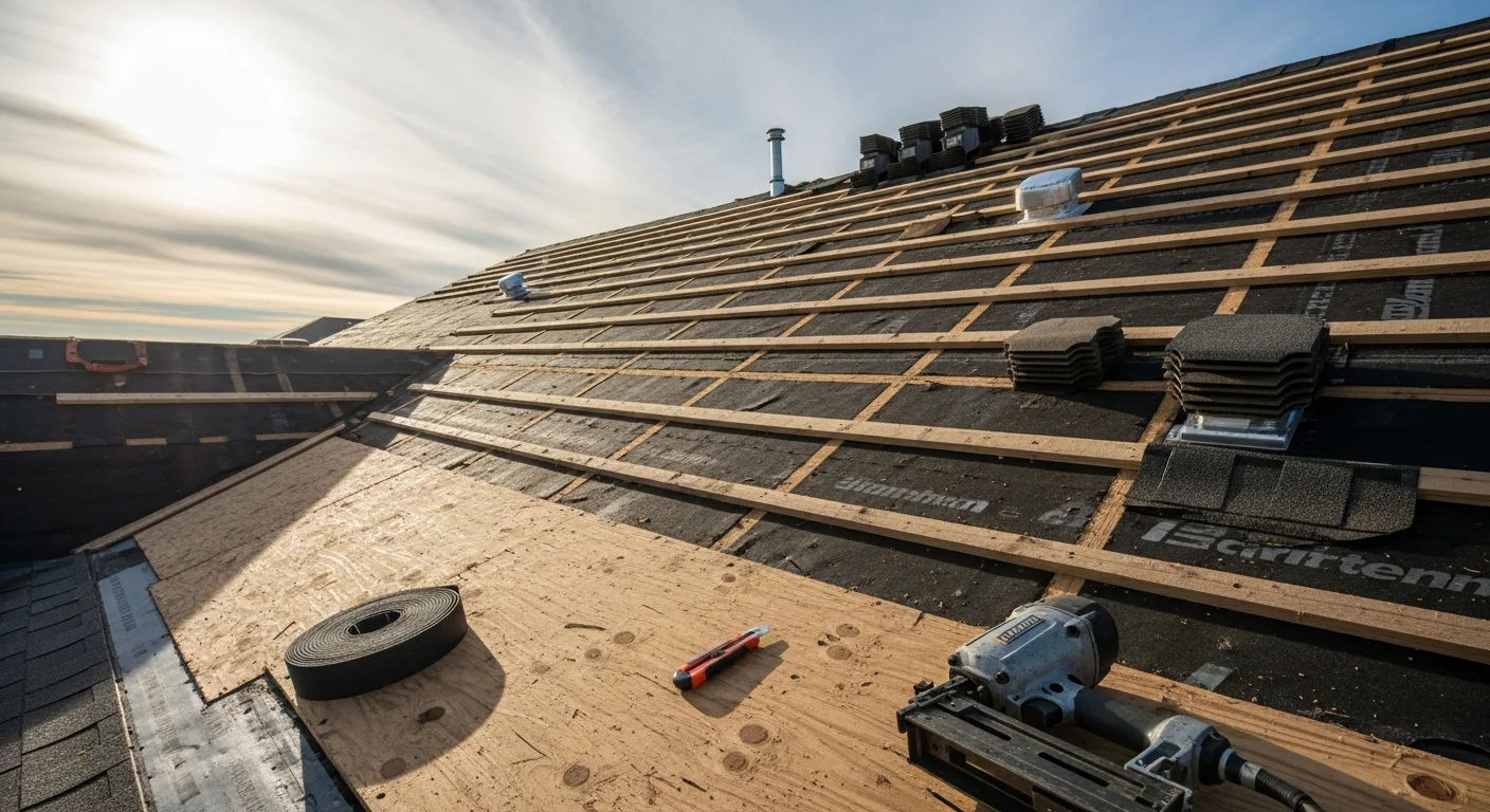 A completed residential roof replacement on a single-family home in Casper, Wyoming, showing new roofing installed over a gable-style structure against a high plains sky. The finished roof shows clean ridge lines and uniform coverage with no visible storm damage or missing sections.