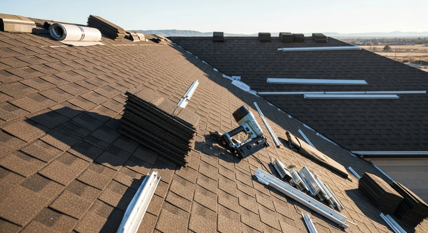 A completed roofing installation on a residential home in Casper, Wyoming, showing a full field of new roofing material with clean ridge lines and properly seated flashing. The North Platte valley landscape is visible in the background under a wide Wyoming sky.