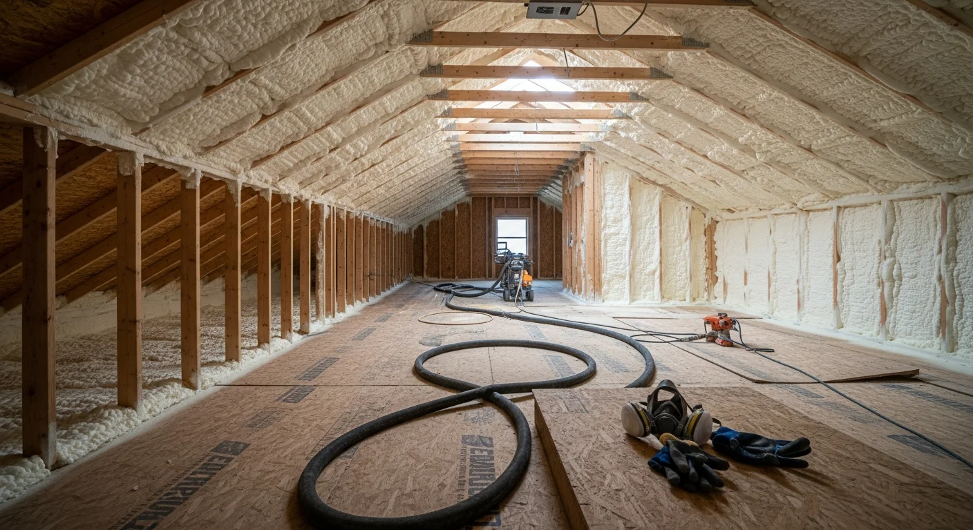 A spray foam insulation contractor applying closed-cell foam to the rim joists and crawl space walls of a residential home in Casper, Wyoming. The foam is shown fully expanded and cured, creating a continuous white thermal barrier along the foundation framing.